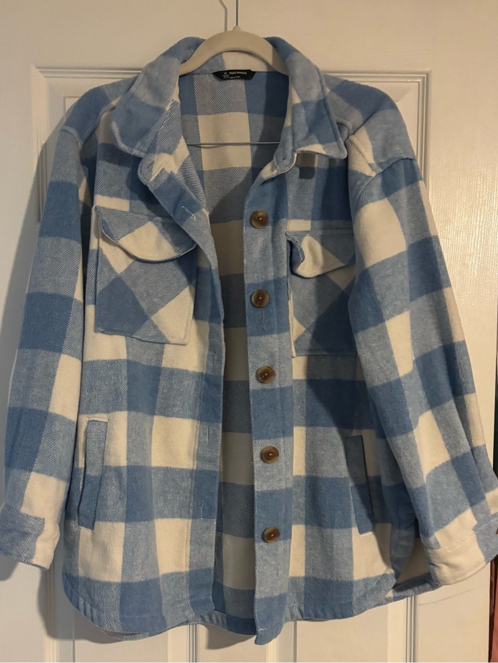 Checked Shacket Jacket in Light Blue & White